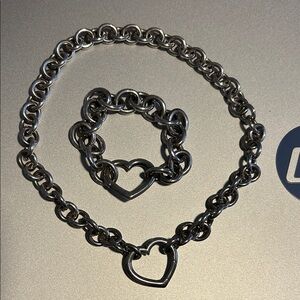 Silver Heart Chain Necklace and Bracelet Set